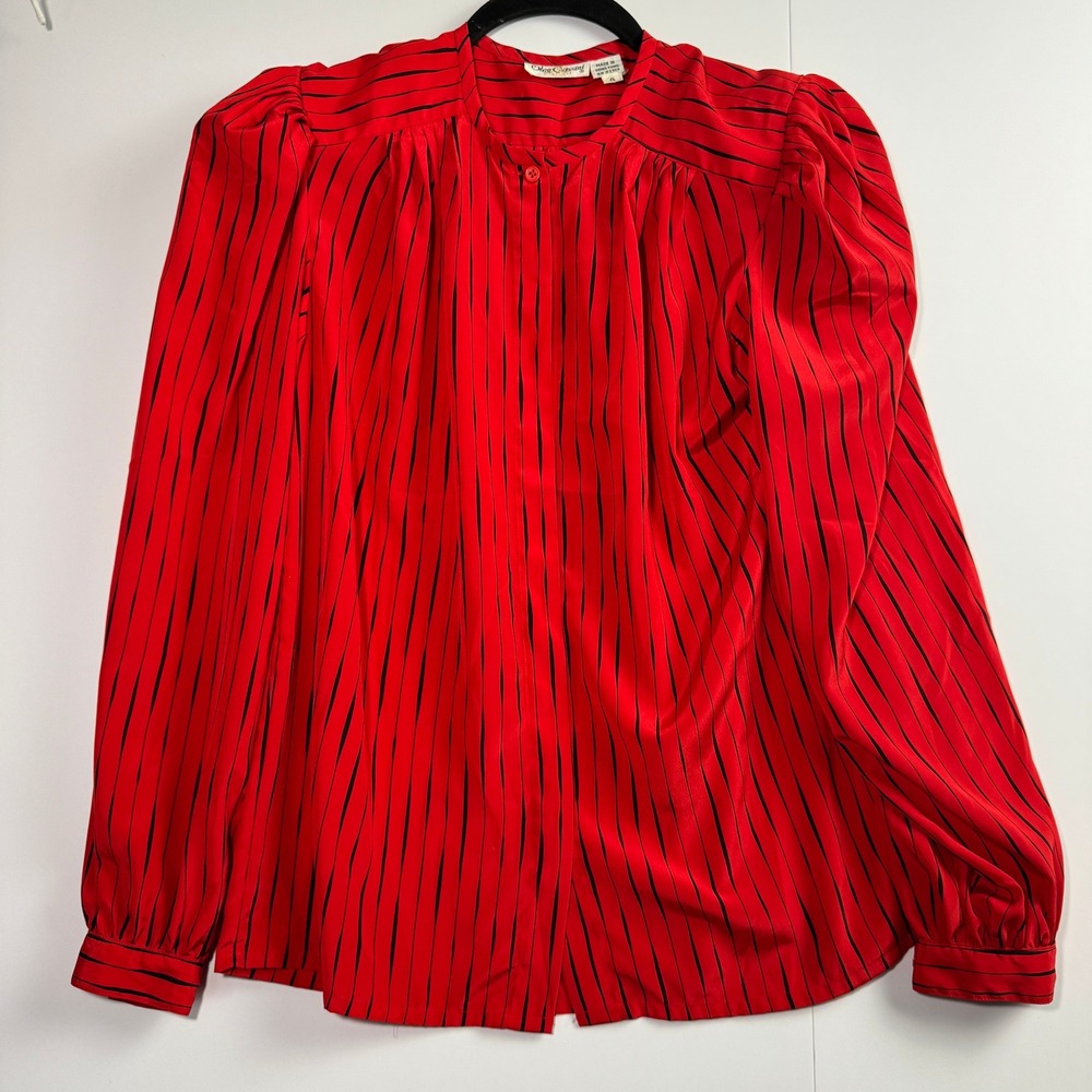 Oleg Cassini Vintage Red Black Striped Blouse Band Collar Puff Sleeve Top 4
